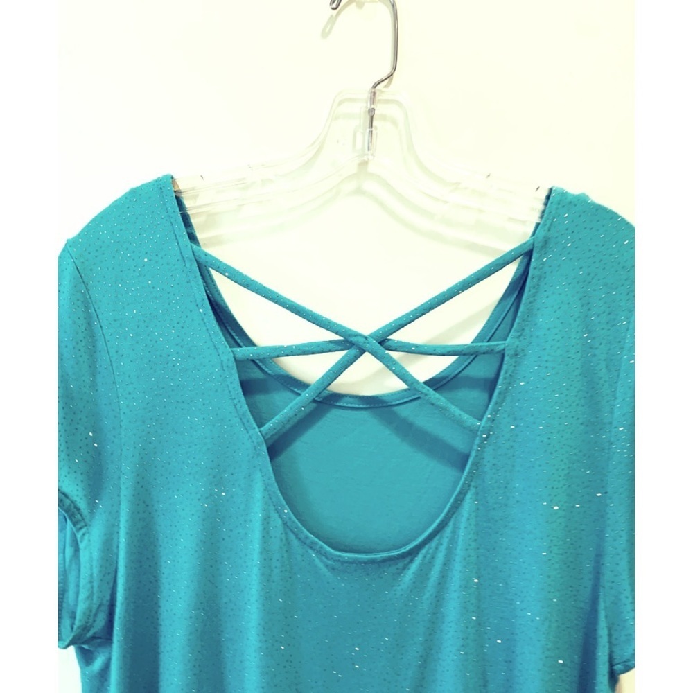 JENNIFER LOPEZ Sz XL Aqua Sparkle Strappy Short Sleeve Top - Picture 3 of 5